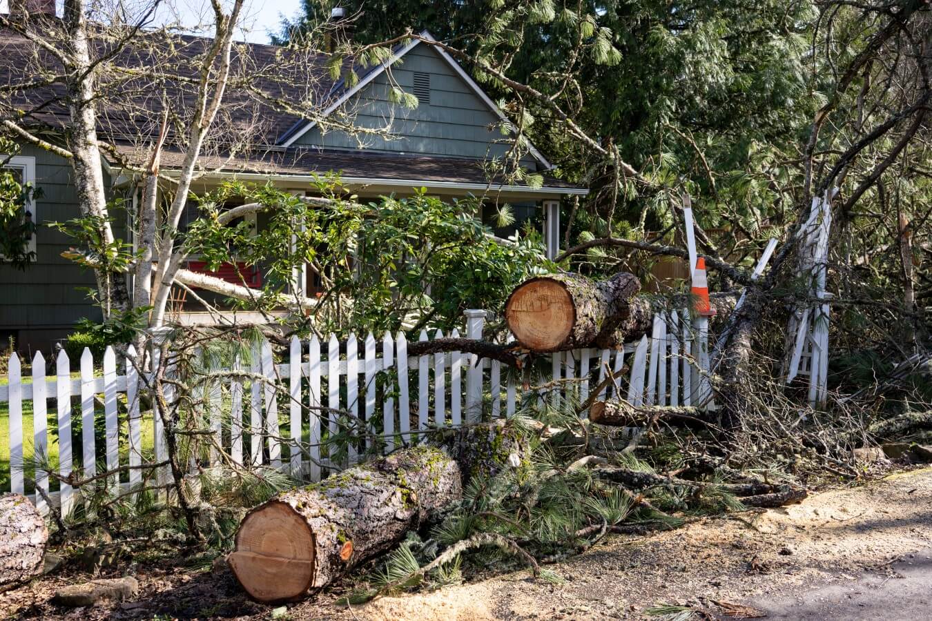 removing fallen trees by cutting them into sections in the front of a home
